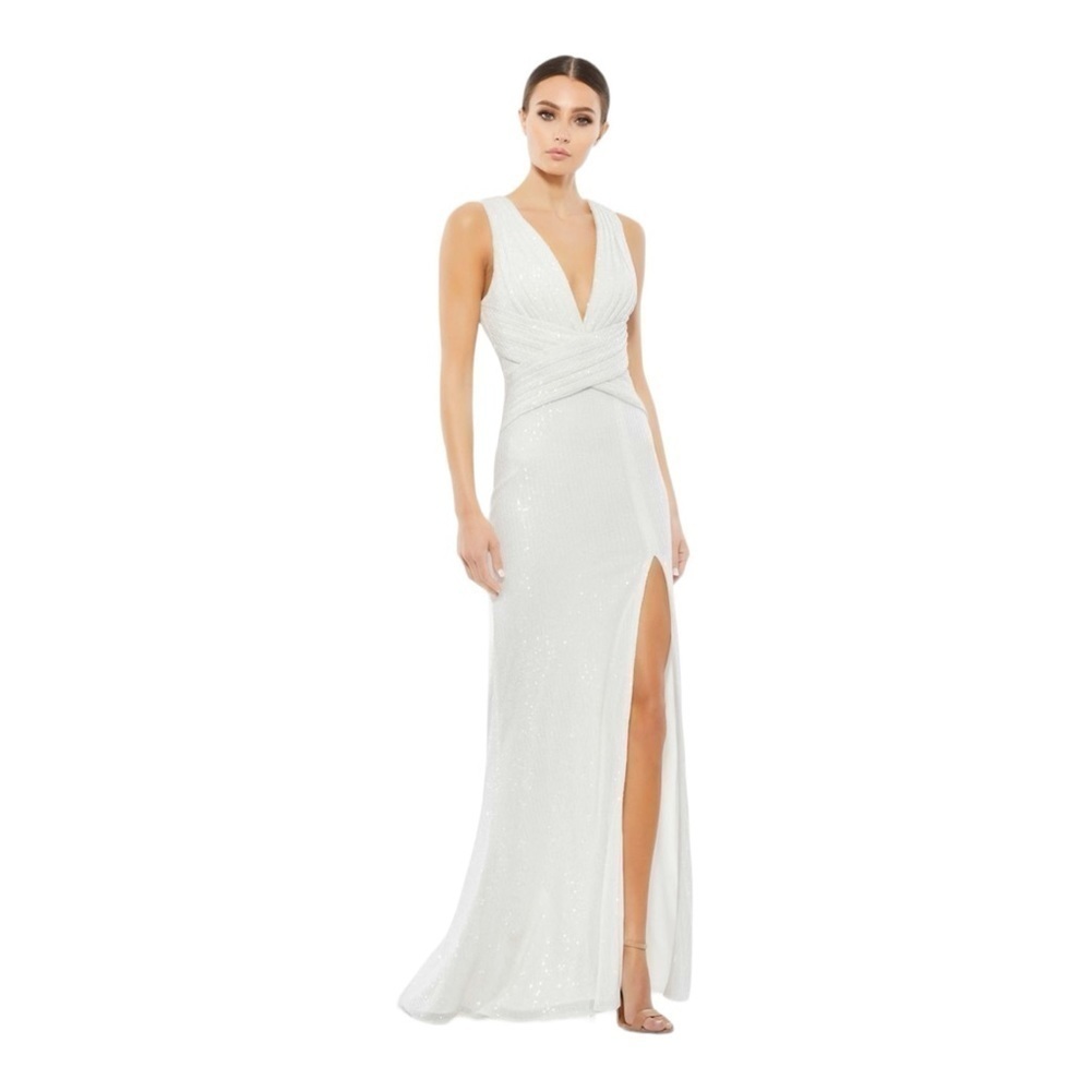 Mac Duggal Sparkle Sequin Sheath Gown in White NWT